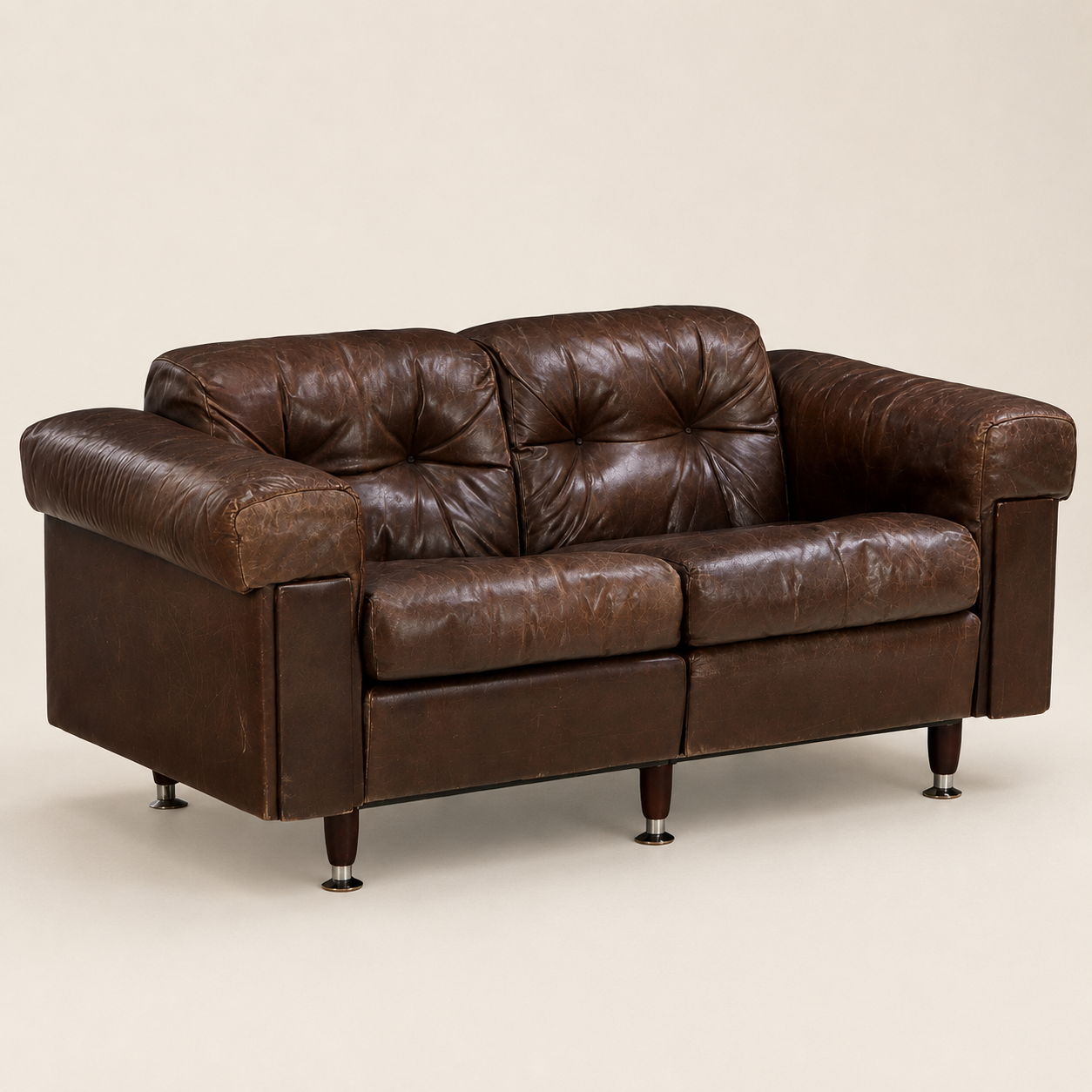 1970s Swiss Modern Leather Loveseat in the Style of De Sede