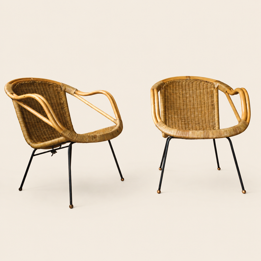 Mid-Century Modern Rattan Lounge Chairs in the Style of Paul McCobb, Pair