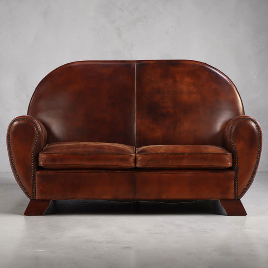 1930s Dutch Art Deco Style Round Back Leather Loveseat, Modernist Form