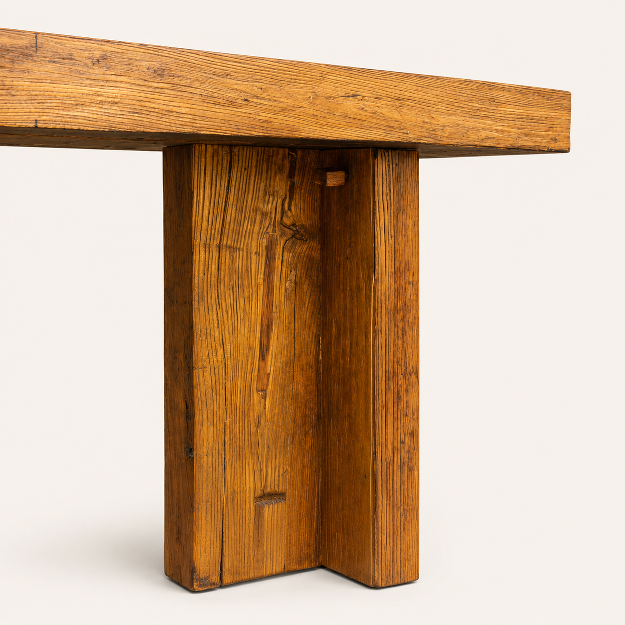 1970s Belgian Style Reclaimed Wood Console Table with Brass Butterfly Key Inlays