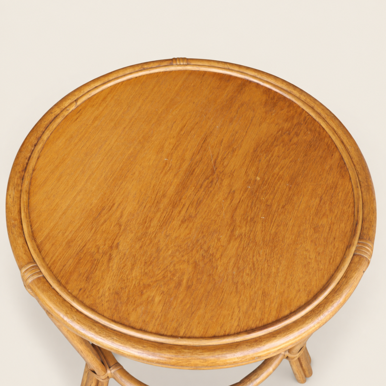 Late 20th Century Bamboo and Rattan Round Side Table with Inset Wood Top
