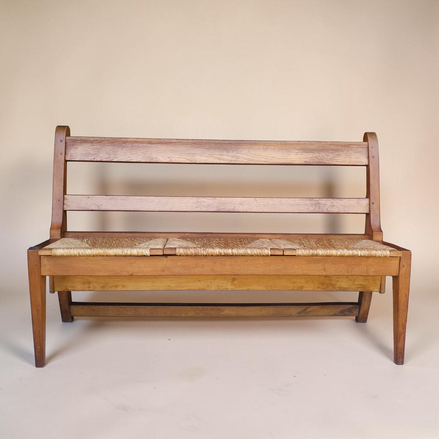 Mid-Century Dutch Oak Hall Bench with Rush Seat, Pair Available