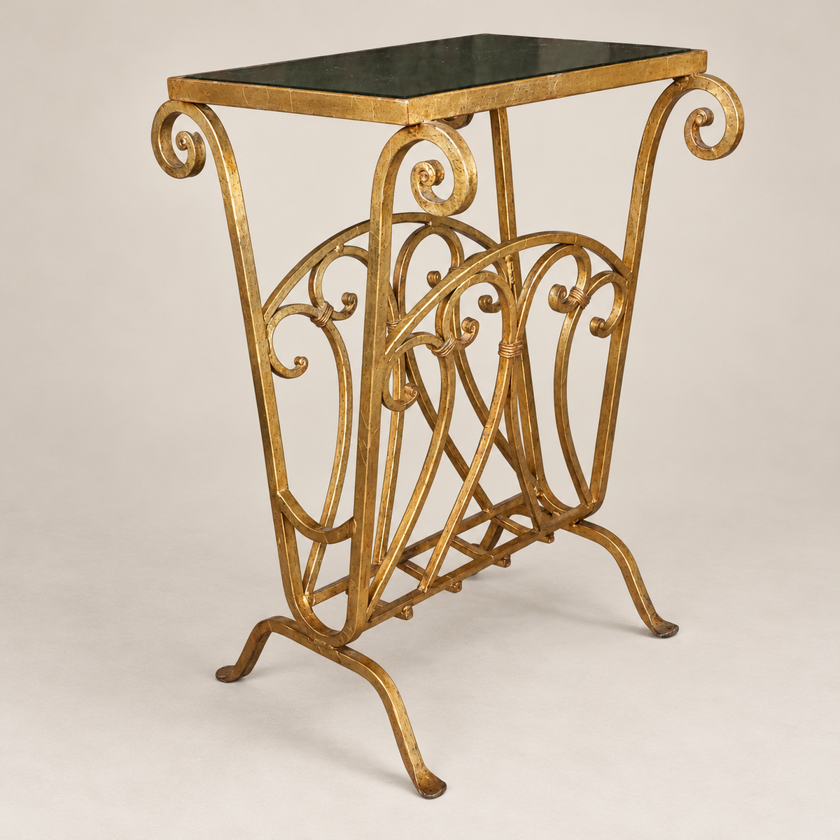 Mid-20th Century Hollywood Regency Gilt Metal Magazine Stand / Side Table with Mirrored Top