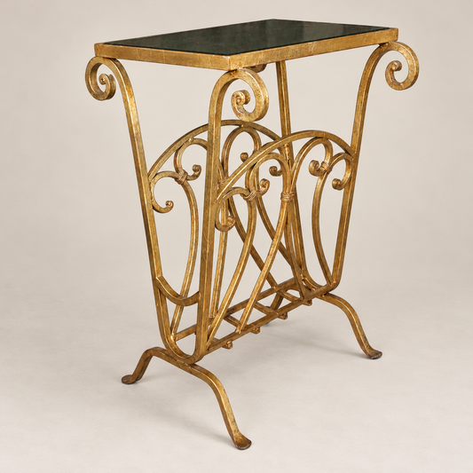 Mid-20th Century Hollywood Regency Gilt Metal Magazine Stand / Side Table with Mirrored Top