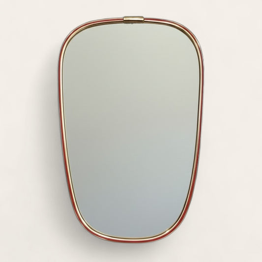 1960s German Brass Wall Mirror with Red Enamel Detail
