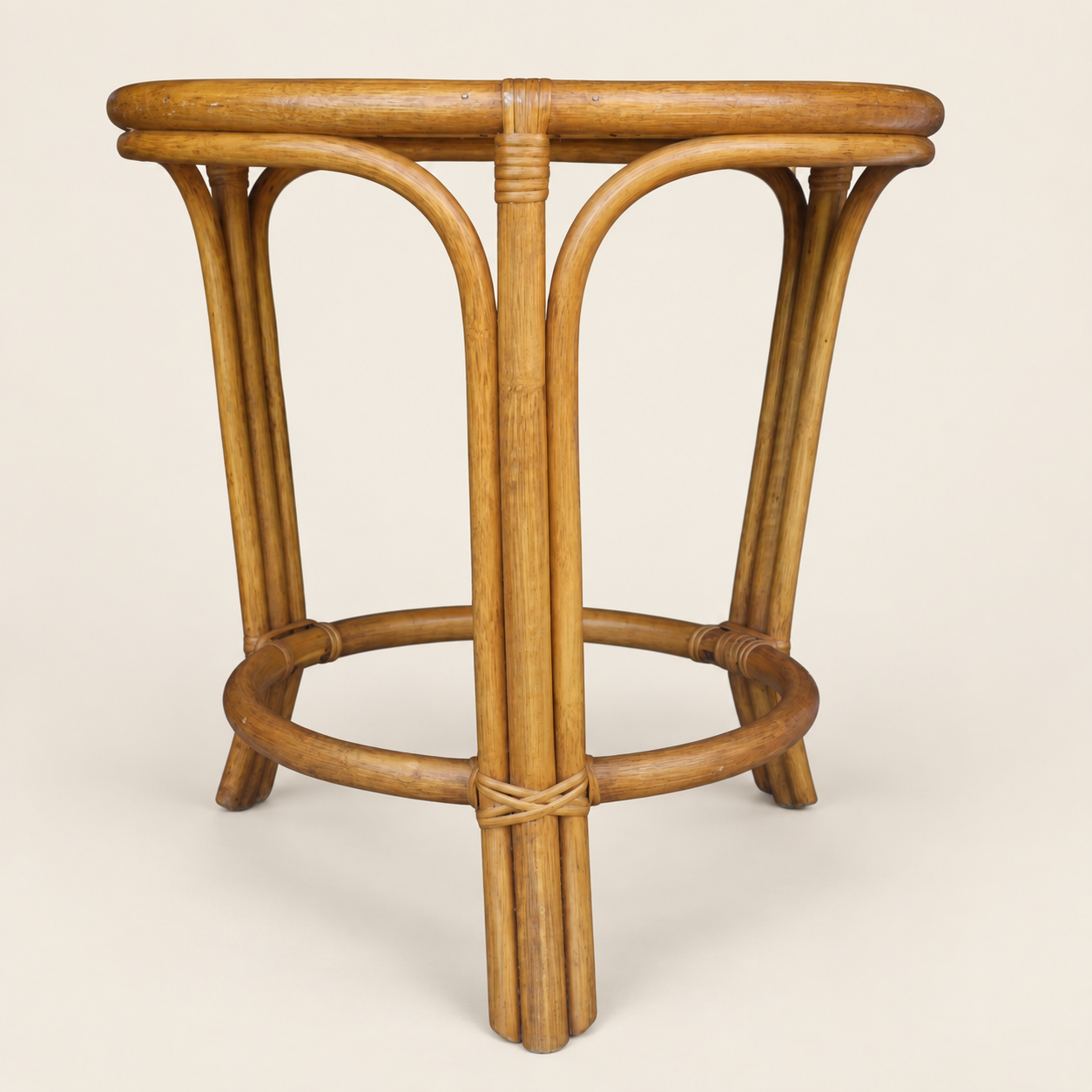 Late 20th Century Bamboo and Rattan Round Side Table with Inset Wood Top