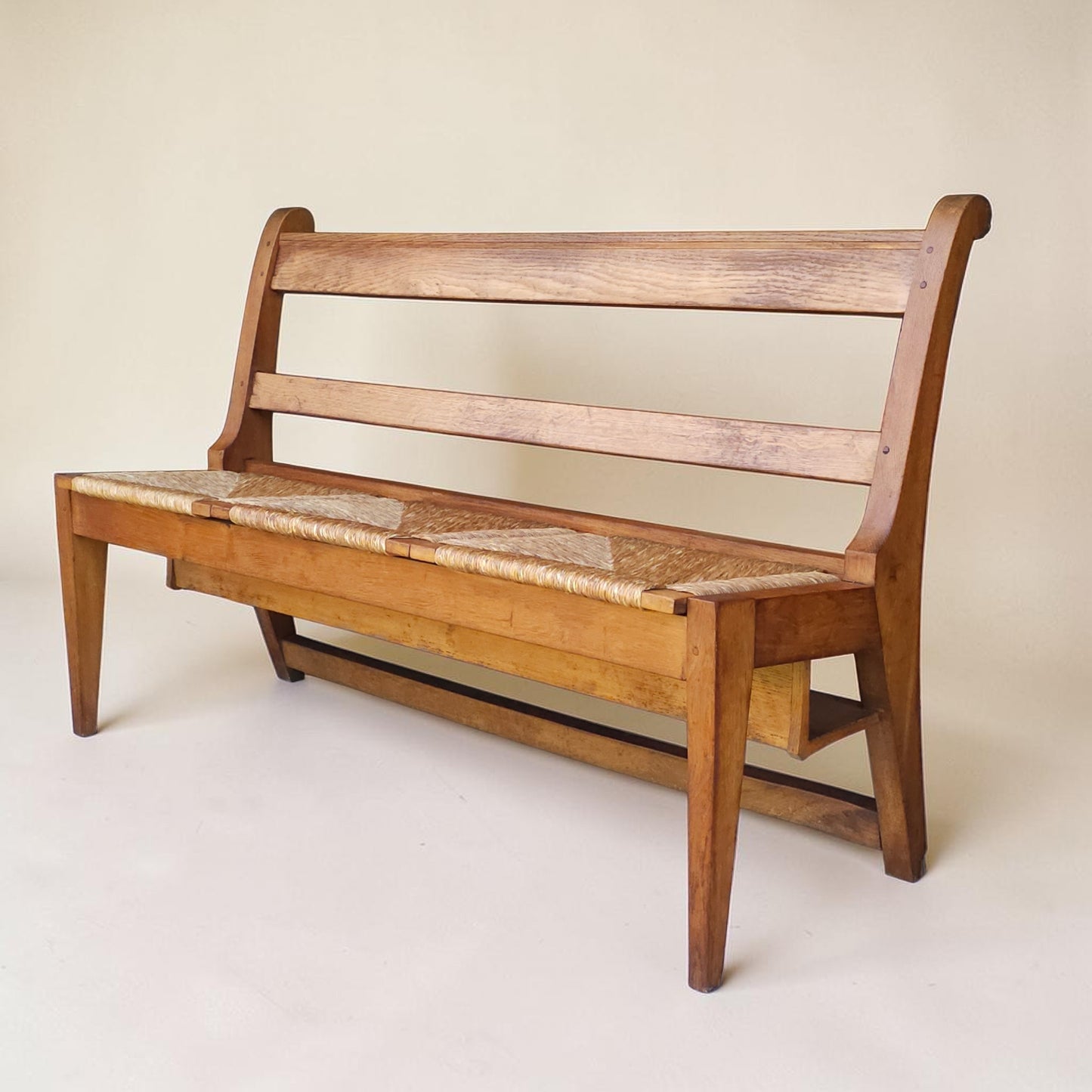 Mid-Century Dutch Oak Hall Bench with Rush Seat, Pair Available