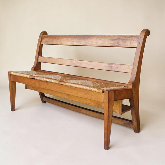 Mid-Century Dutch Oak Hall Bench with Rush Seat