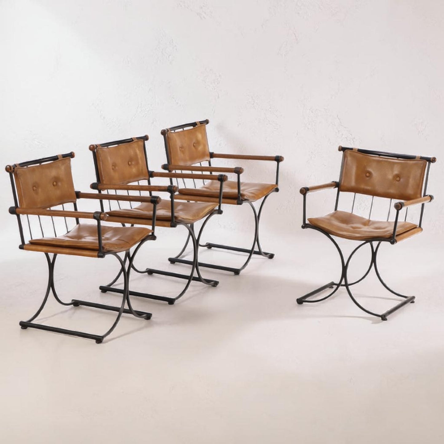 1970s Cleo Baldon Style Curule Iron Dining Chairs, Set of 4