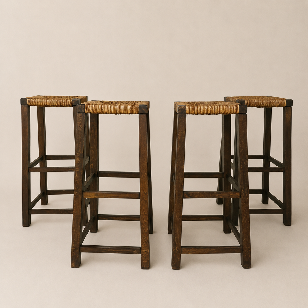 1960s Dutch Mid-Century Modern Oak and Rush Bar Stools, Set of Four, 31.5" H