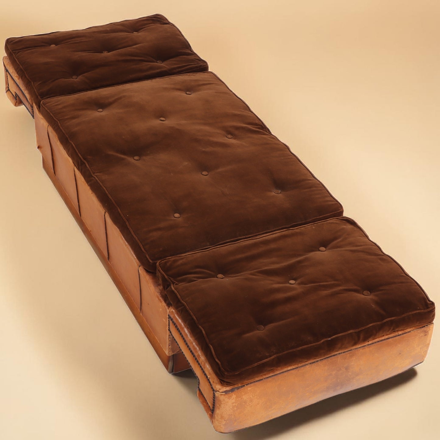 Circa 1920 Art Deco Modular Cognac Leather Chaise Lounge with Velvet Cushions