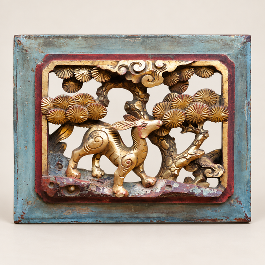 Early 20th Century Chinese Carved Giltwood Deer and Pine Panel