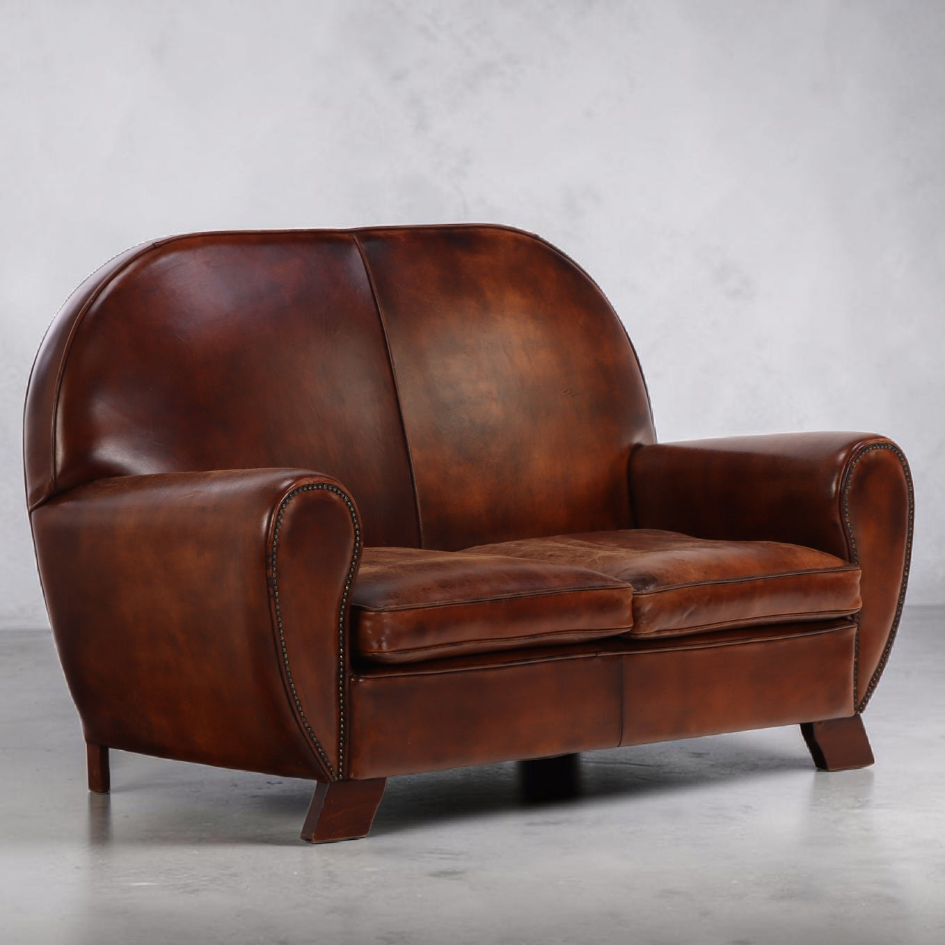 1930s Dutch Art Deco Style Round Back Leather Loveseat, Modernist Form
