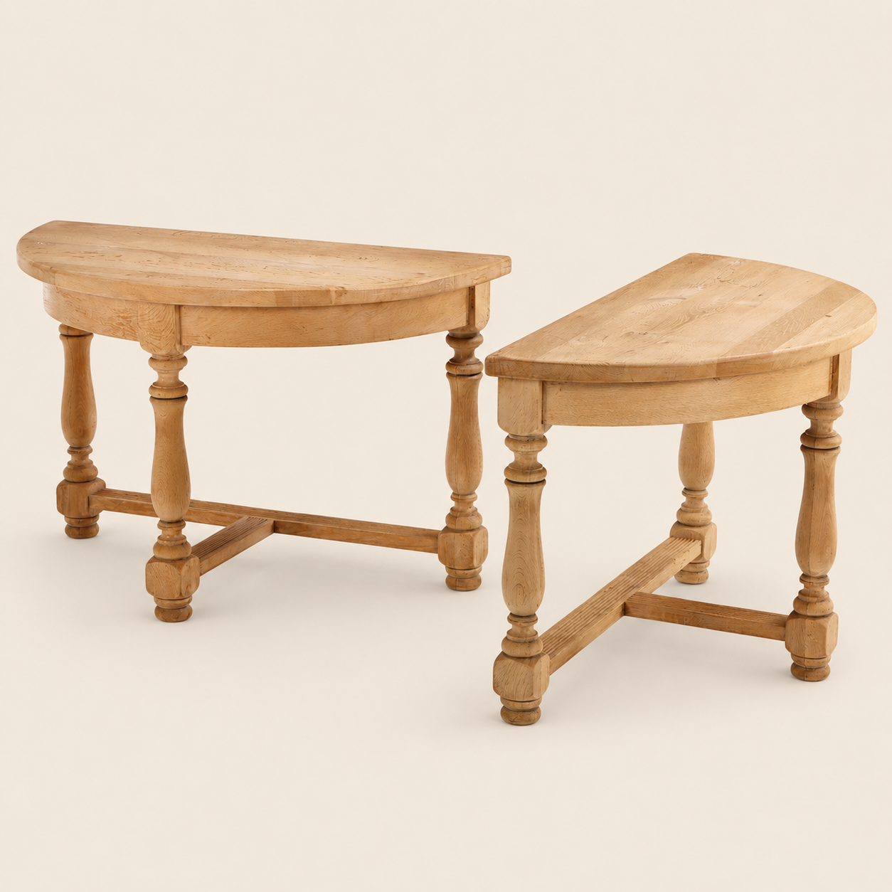 1950s Pair of French Solid Oak Demilune Console Tables / Expandable Dining Form