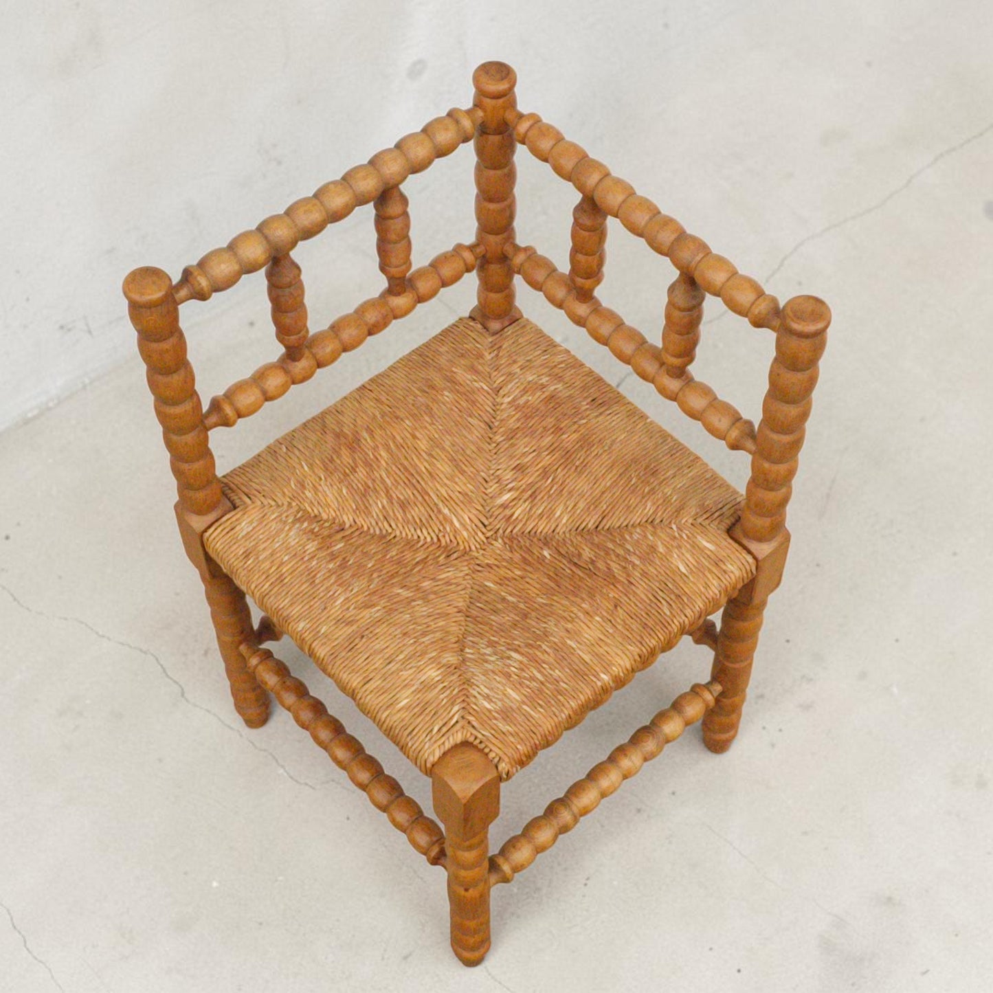 1950s Dutch Bobbin Turned Corner Chair with Rush Seat