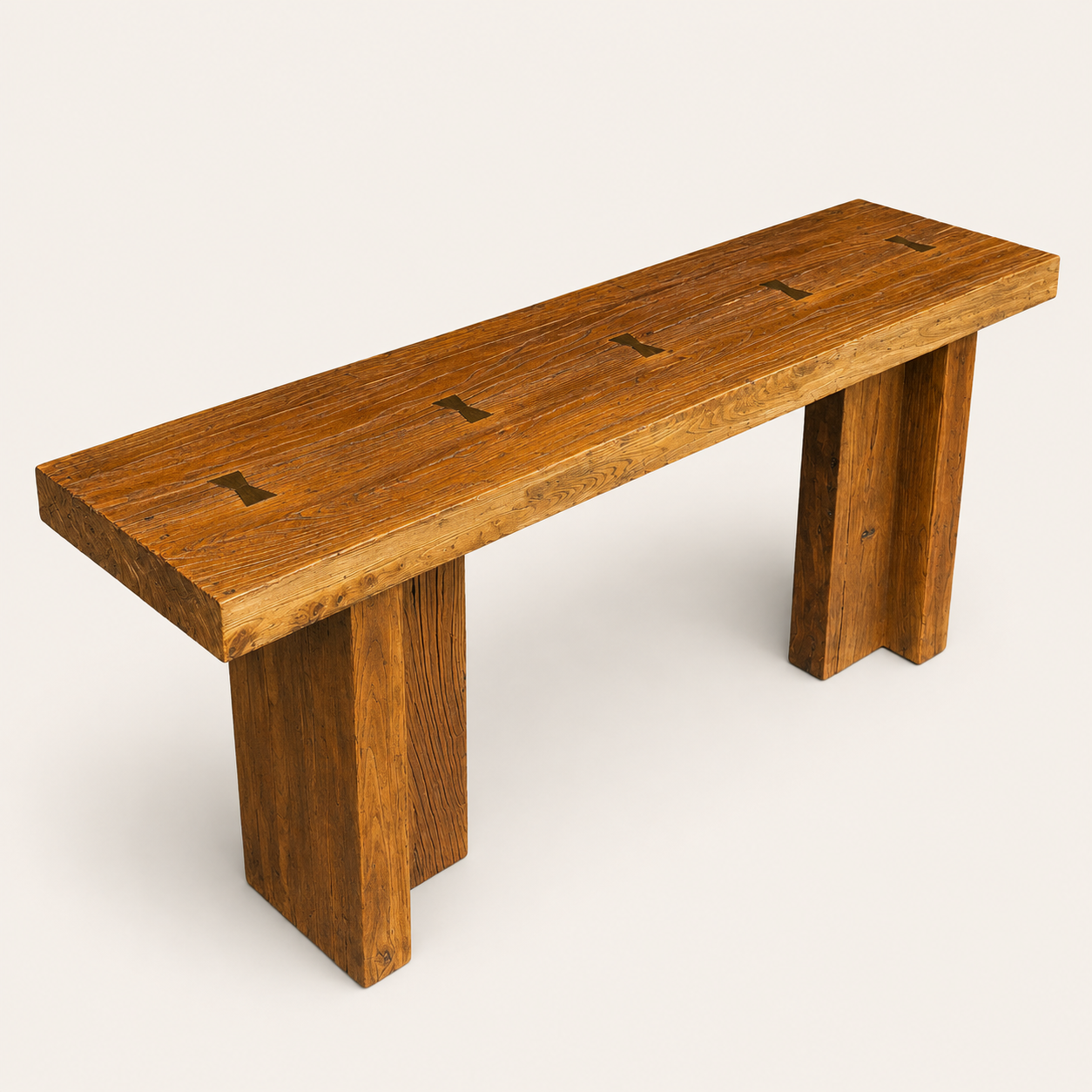 1970s Belgian Style Reclaimed Wood Console Table with Brass Butterfly Key Inlays