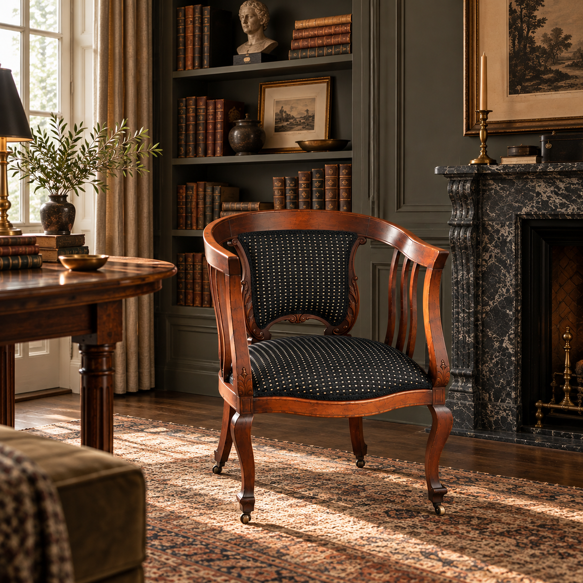 Late 19th/Early 20th Century Georgian-Style Mahogany Library Chair on Casters