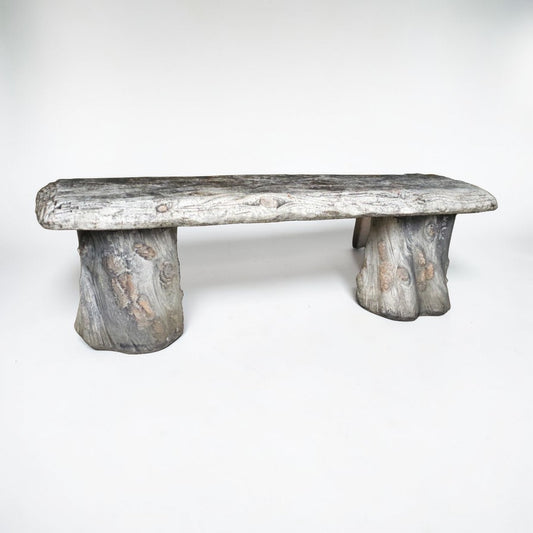 Vintage Faux Bois Concrete Garden Bench in Sculptural Tree Stump Form 54"
