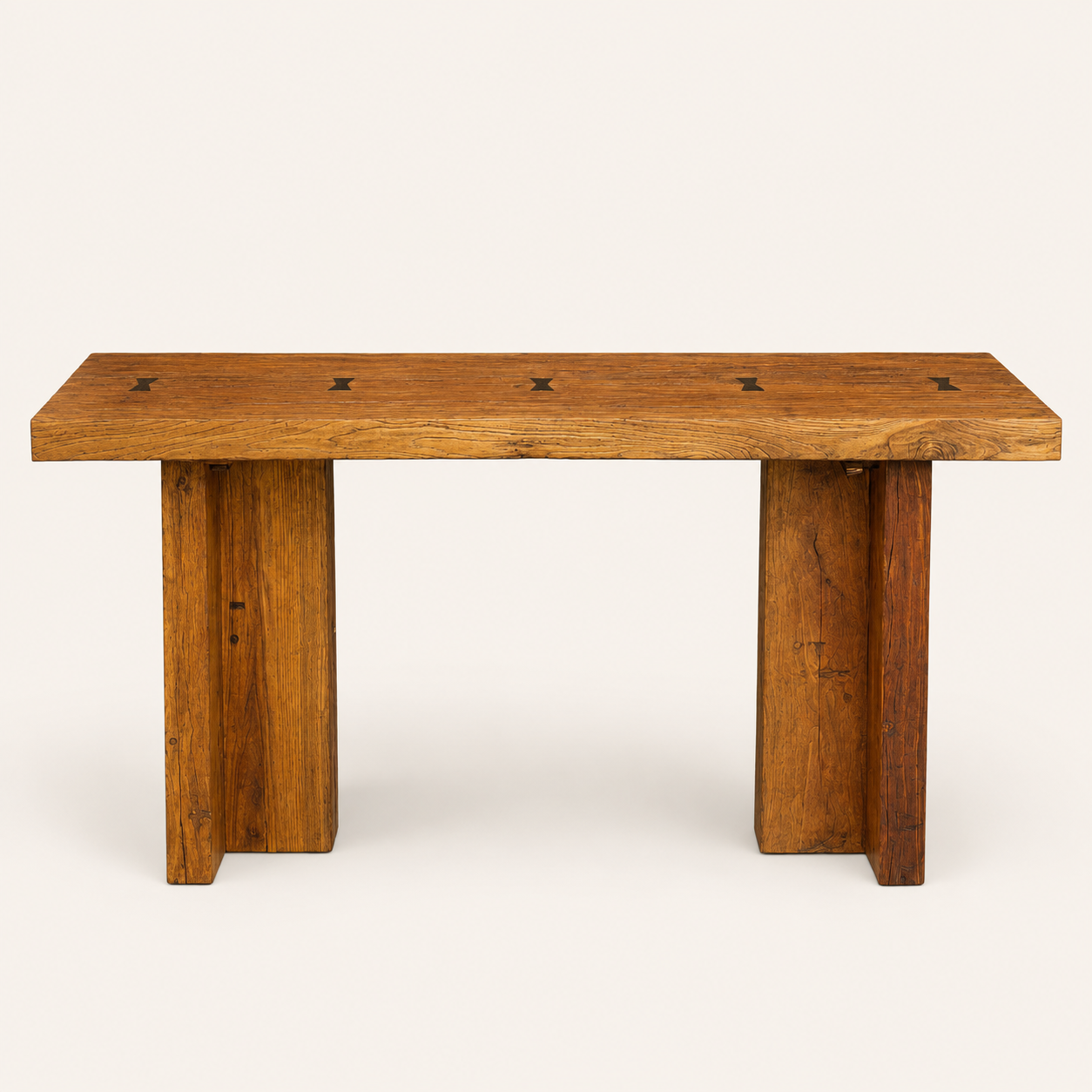 1970s Belgian Style Reclaimed Wood Console Table with Brass Butterfly Key Inlays