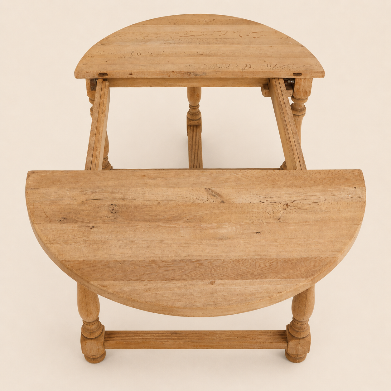 1950s Pair of French Solid Oak Demilune Console Tables / Expandable Dining Form