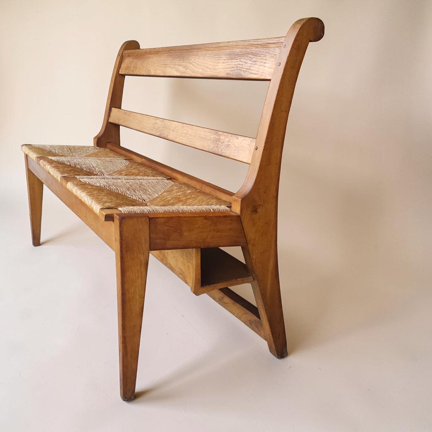 Mid-Century Dutch Oak Hall Bench with Rush Seat, Pair Available