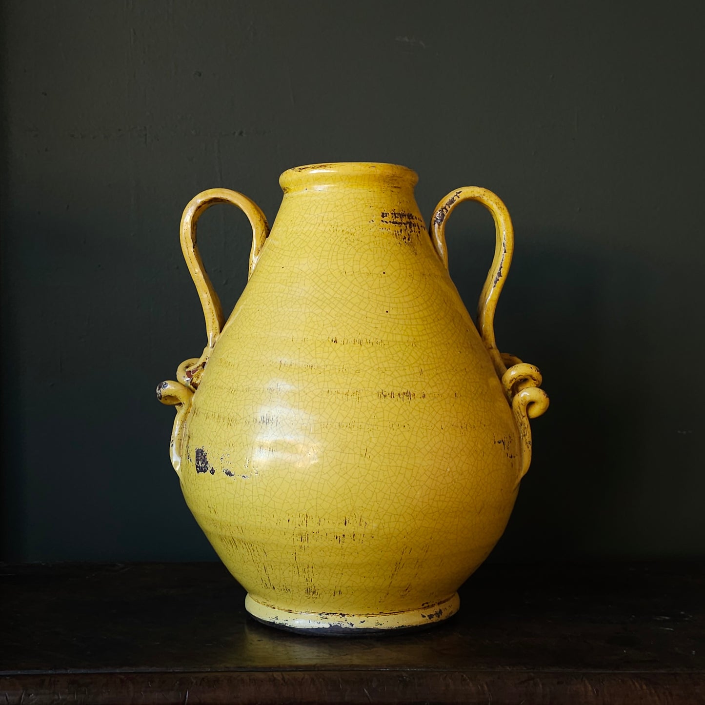 Vintage Terracotta Amphora With Yellow Crackle Glaze & Lion Accent