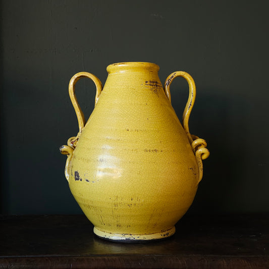 Vintage Terracotta Amphora With Yellow Crackle Glaze & Lion Accent