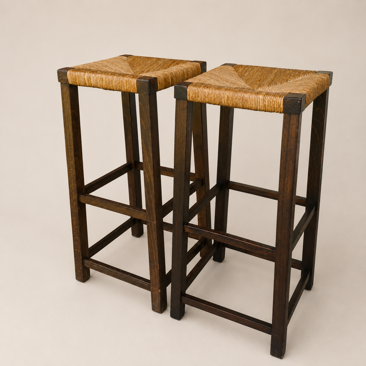 1960s Dutch Mid-Century Modern Oak and Rush Bar Stools, Set of Four, 31.5" H