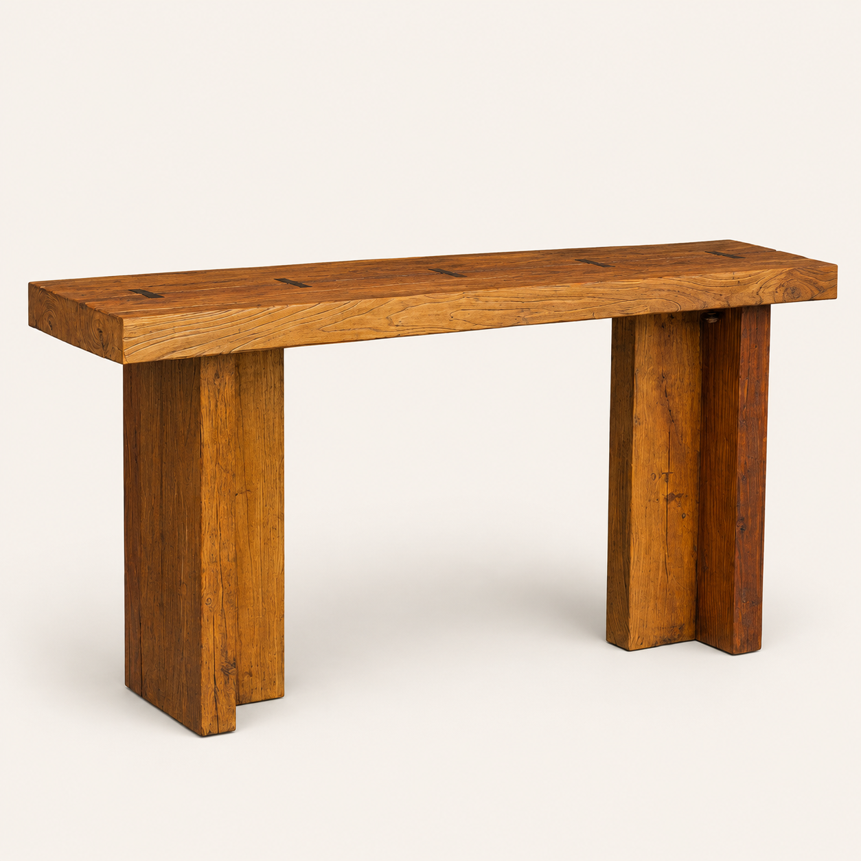 1970s Belgian Style Reclaimed Wood Console Table with Brass Butterfly Key Inlays