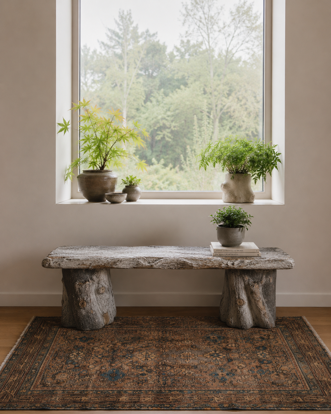 Vintage Faux Bois Concrete Garden Bench in Sculptural Tree Stump Form 54"