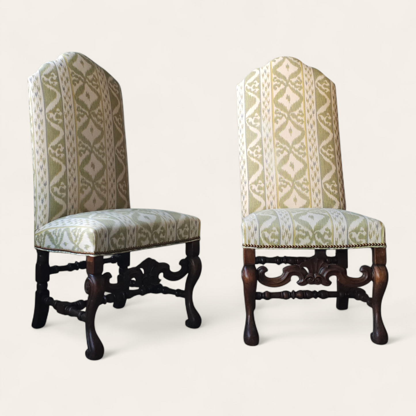Pair of 20th Century Flemish-Style Walnut Side Chairs with Cowtan & Tout Ikat Upholstery