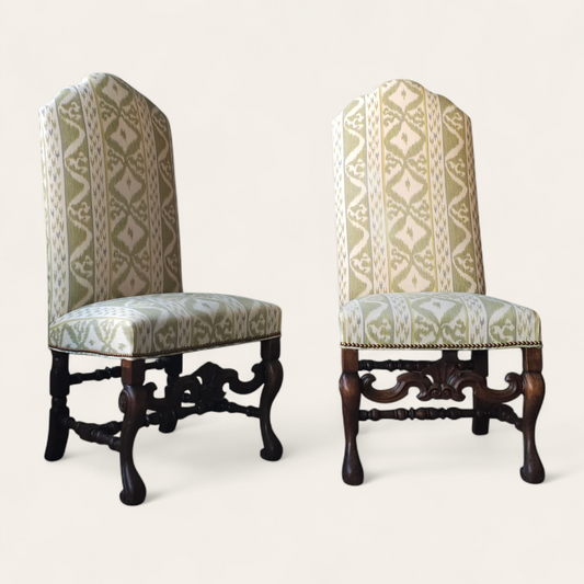 Pair of 20th Century Flemish-Style Walnut Side Chairs with Cowtan & Tout Ikat Upholstery