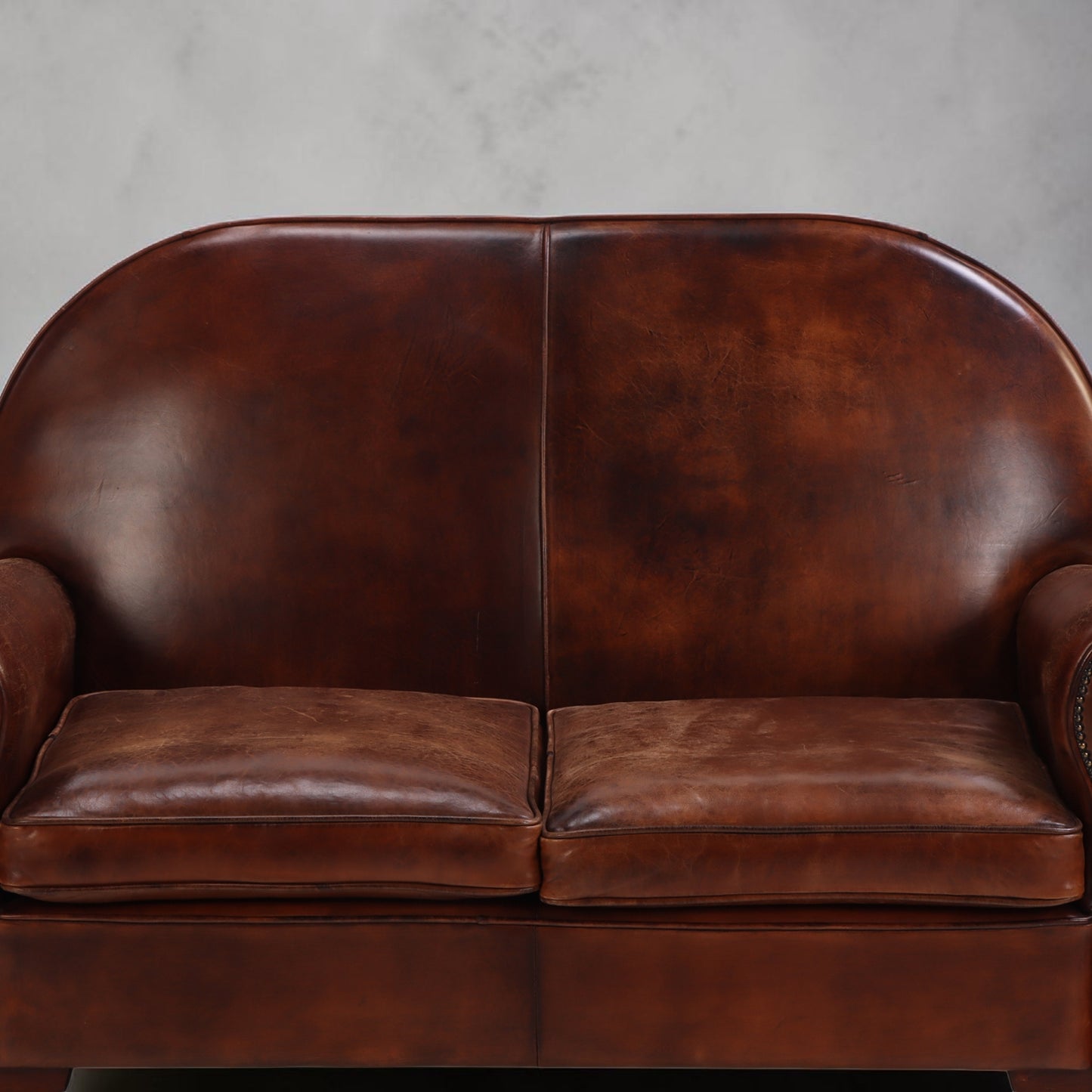 1930s Dutch Art Deco Style Round Back Leather Loveseat, Modernist Form