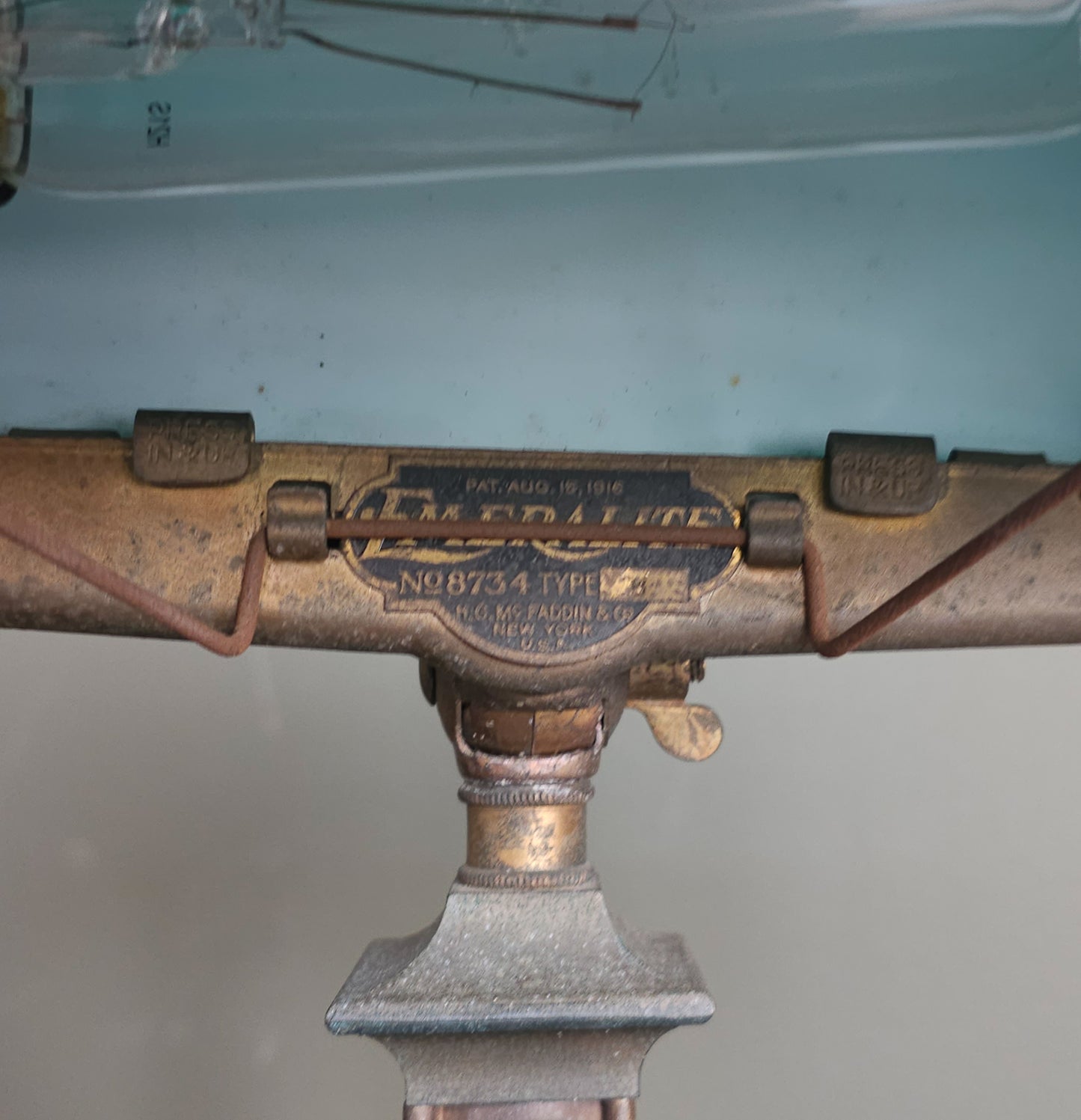 Early 20th C Emeralite Cased Glass and Brass Desk Lamp