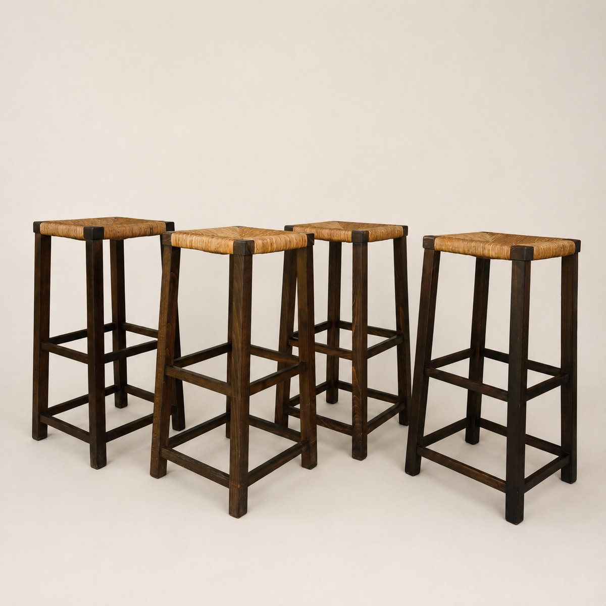 1960s Dutch Mid-Century Modern Oak and Rush Bar Stools, Set of Four, 31.5" H