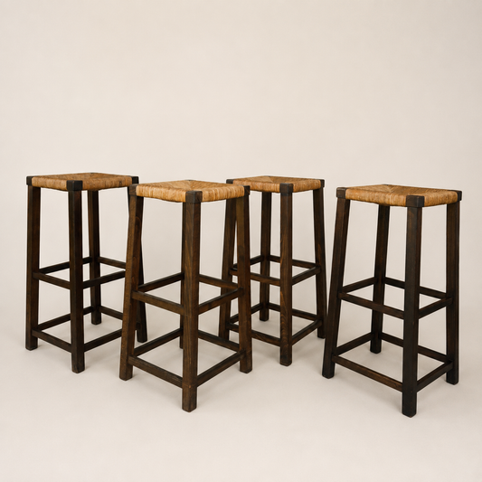 1960s Dutch Mid-Century Modern Oak and Rush Bar Stools, Set of Four, 31.5" H