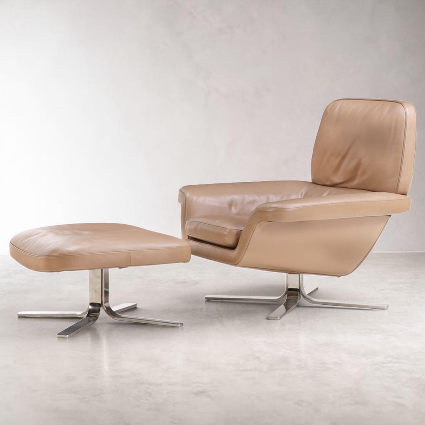 Minotti Blake Soft Chair and Ottoman, Leather with Chrome Base
