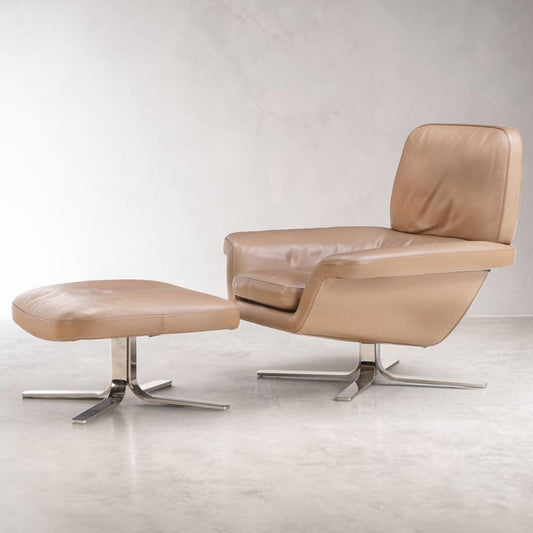 Minotti Blake Soft Chair and Ottoman, Leather with Chrome Base
