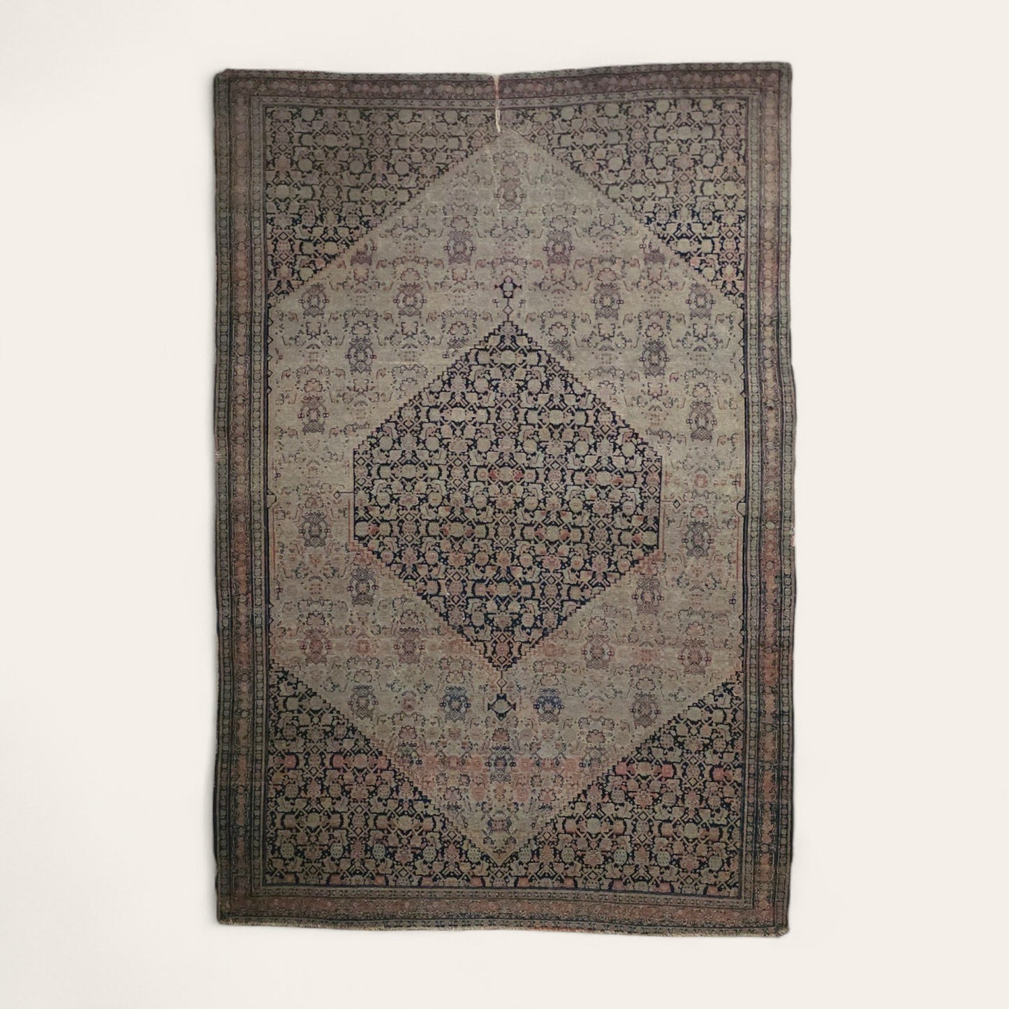 Early 20th Century Persian Area Rug in Rose, Deep Blue & Terracotta