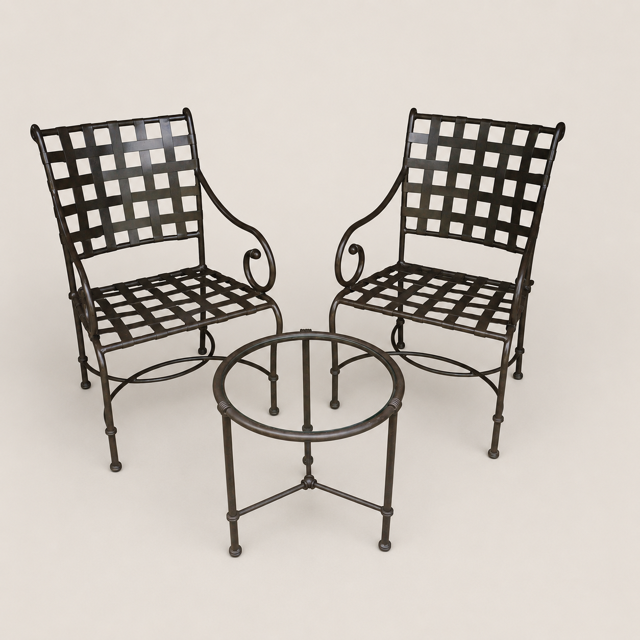 Brown Jordan Florentine Patio Lounge Chairs and Side Table in Speckled Bronze Finish