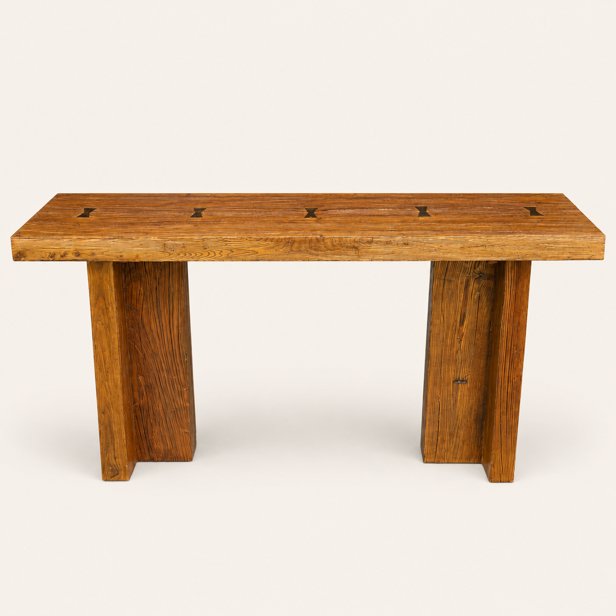 1970s Belgian Style Reclaimed Wood Console Table with Brass Butterfly Key Inlays