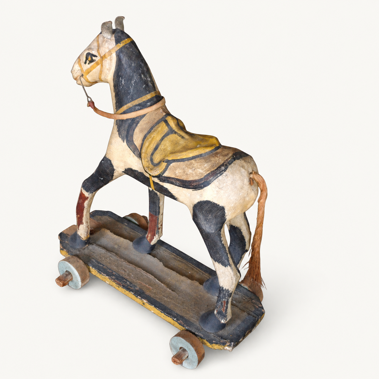Circa 1900 Folk Art Pull Toy Horse in Painted Wood & Papier-Mâché