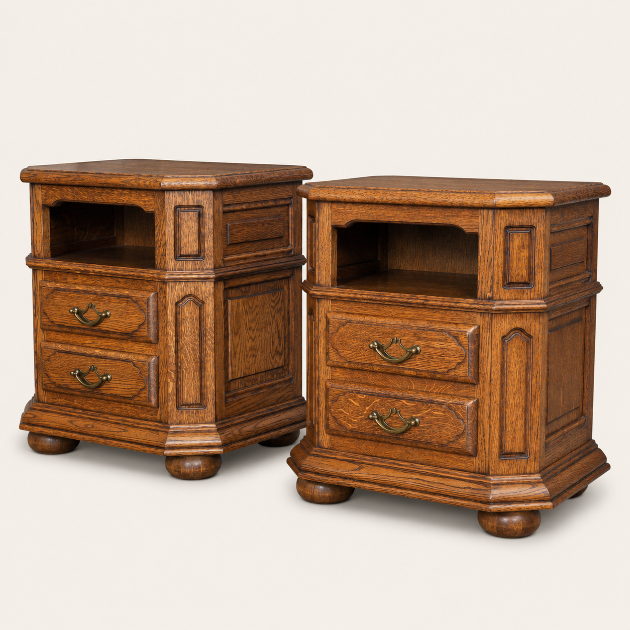 1960s French Provincial Style Oak Nightstands with Open Shelves, Pair