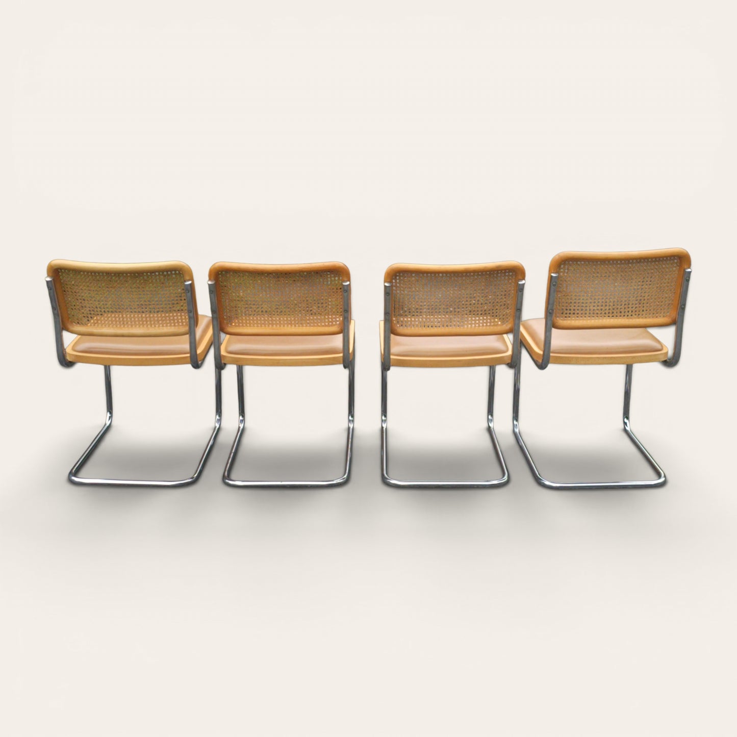 Cesca Dining Chairs, Set of Four, Cane and Leather, Attributed to Marcel Breuer