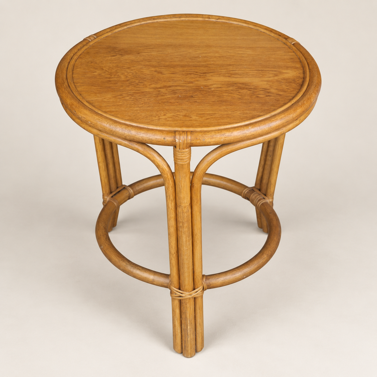 Late 20th Century Bamboo and Rattan Round Side Table with Inset Wood Top