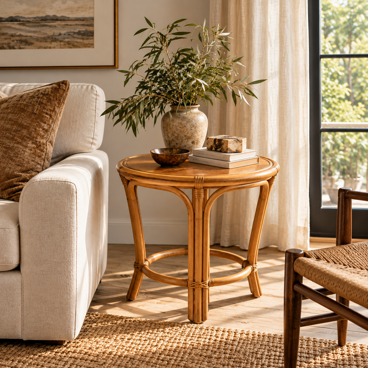 Late 20th Century Bamboo and Rattan Round Side Table with Inset Wood Top