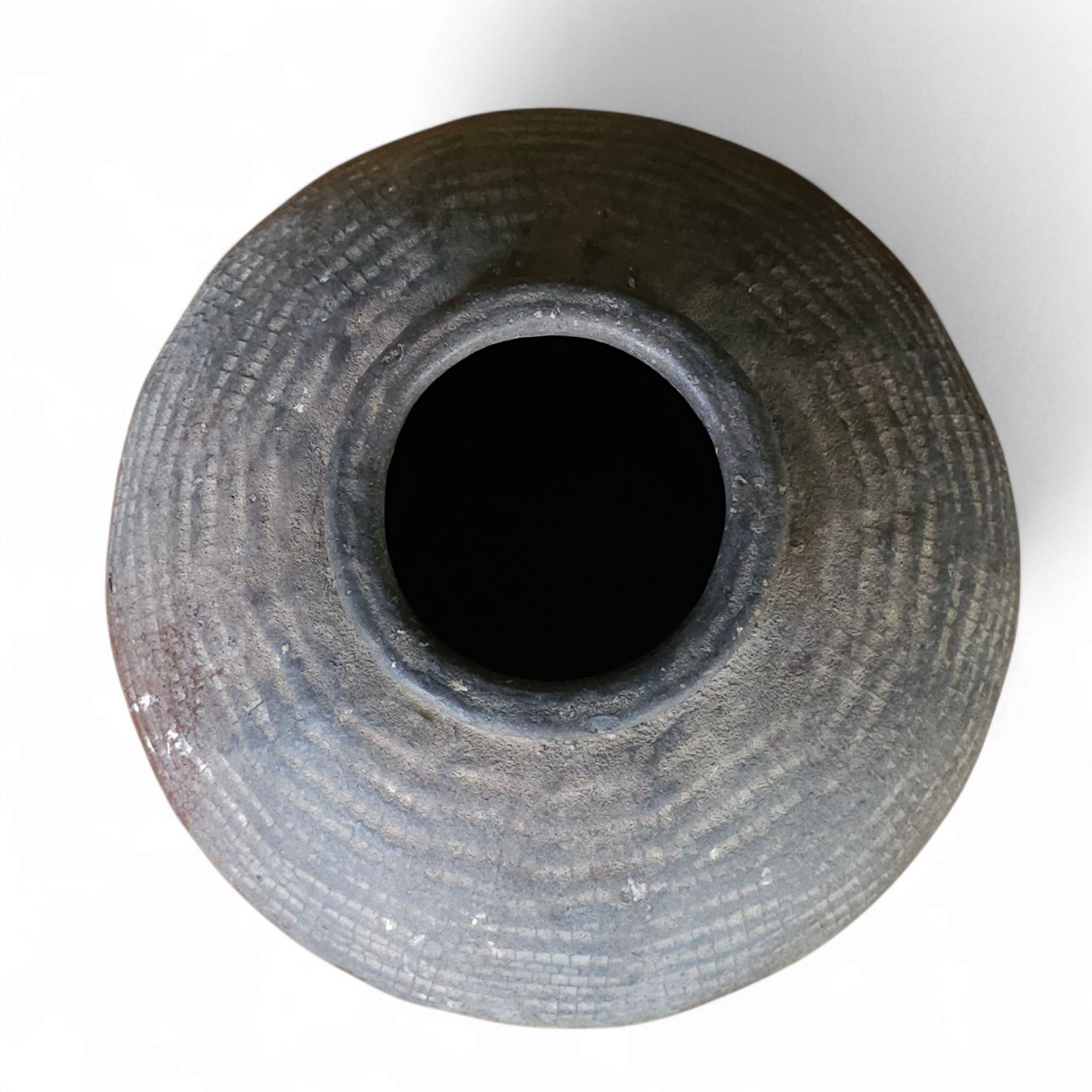Vintage Stoneware Vessel with Ribbed Shoulder and Smoke-Fired Glaze