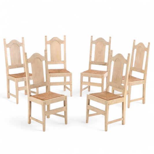 Set of 6 Belgian Dining Chairs with Rush Seats and High Arched Backs, 1960s