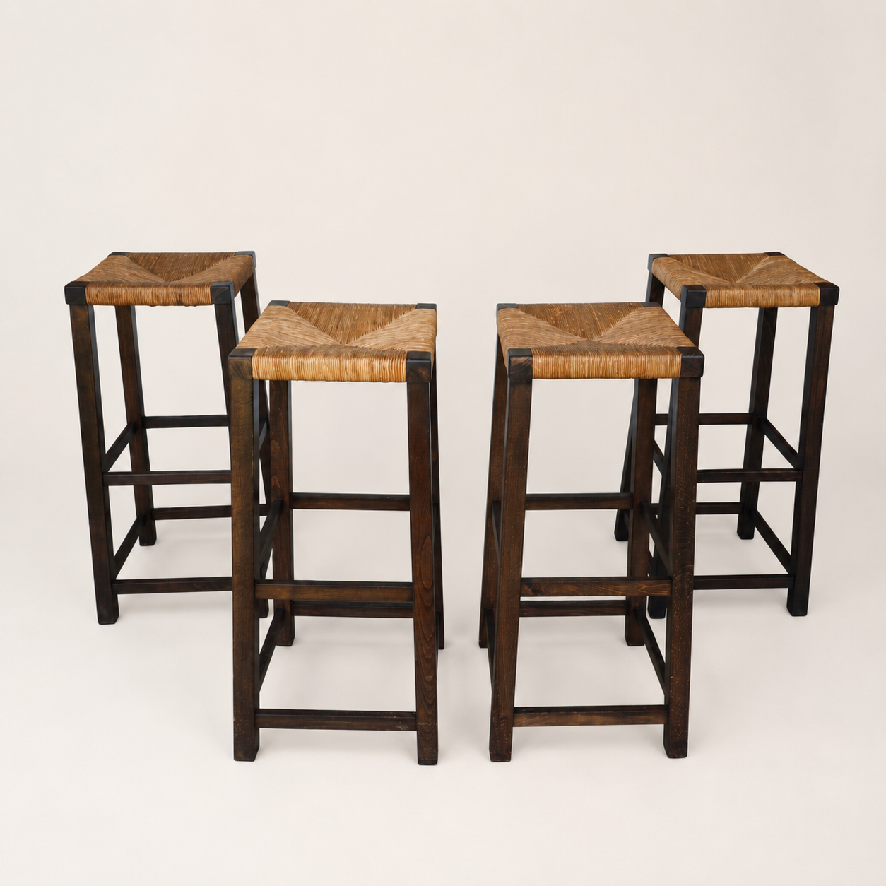 1960s Dutch Mid-Century Modern Oak and Rush Bar Stools, Set of Four, 31.5" H
