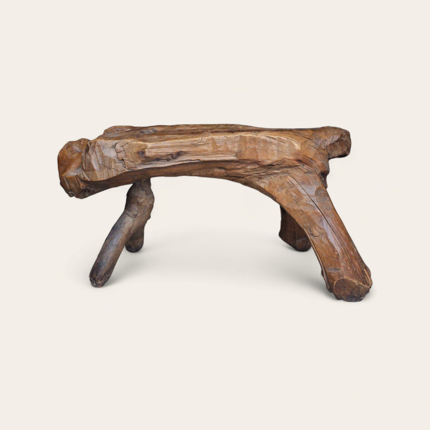 20th Century Folk Art Carved Wood Root-Form Stool with Peg Joinery